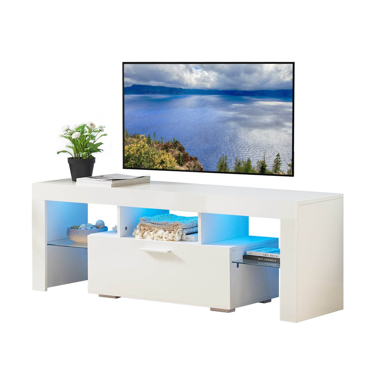 Modern White LED Backlit Particle Board TV Console - Sleep Galleria