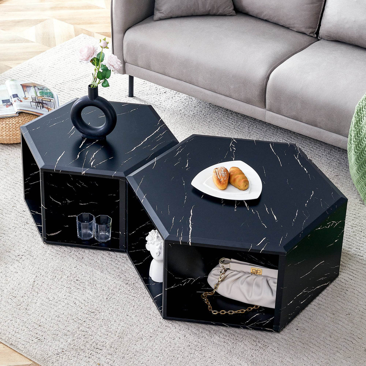 Set Of 2 Modern Minimalist Black Hexagonal Coffee Tables - Sleep Galleria