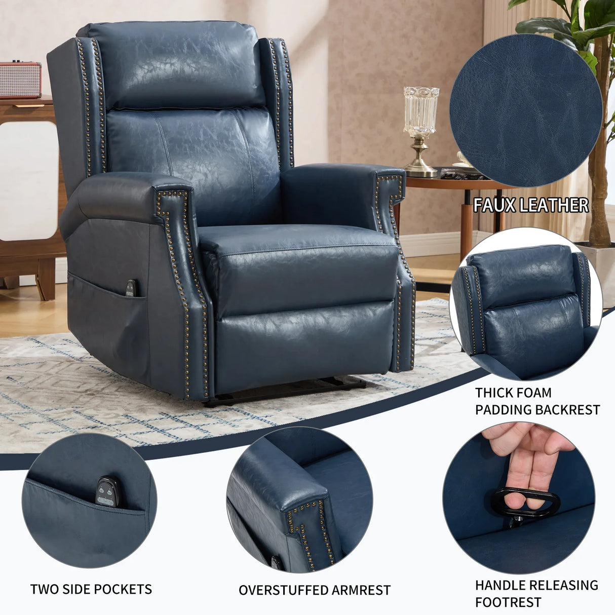 Blue Faux Leather Manual Recliner Chair With Massage Heat - Omega Lifestyles