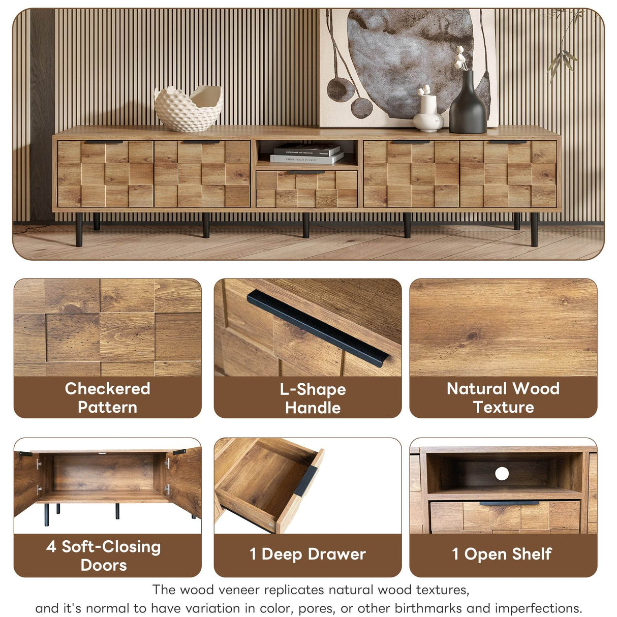 Natural Wood Checkered Pattern TV Stand With Storage - Sleep Galleria