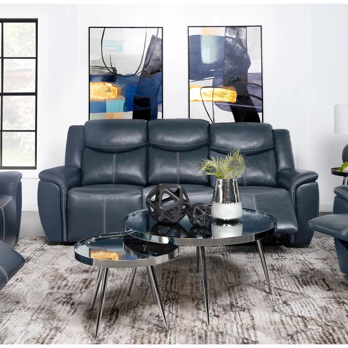 Blue Faux Leather Motion Reclining Sofa With Drop-Down Table - Omega Lifestyles