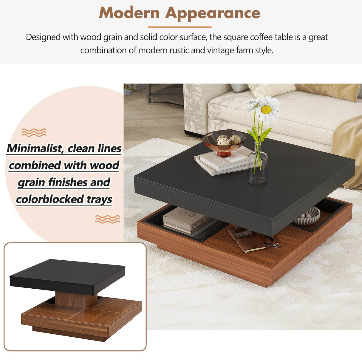 Modern Square 360° Rotating Black Walnut Coffee Table - Sleep Galleria