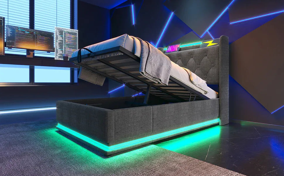 Twin Upholstered Linen Storage Bed With LED Lighting - Omega Lifestyles