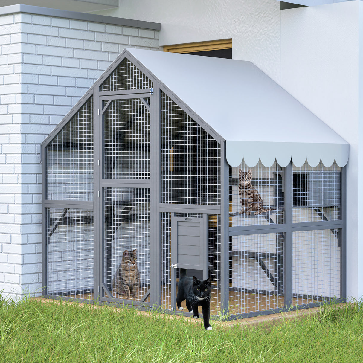 Large Outdoor Wooden Cat House With Playpen and Doors