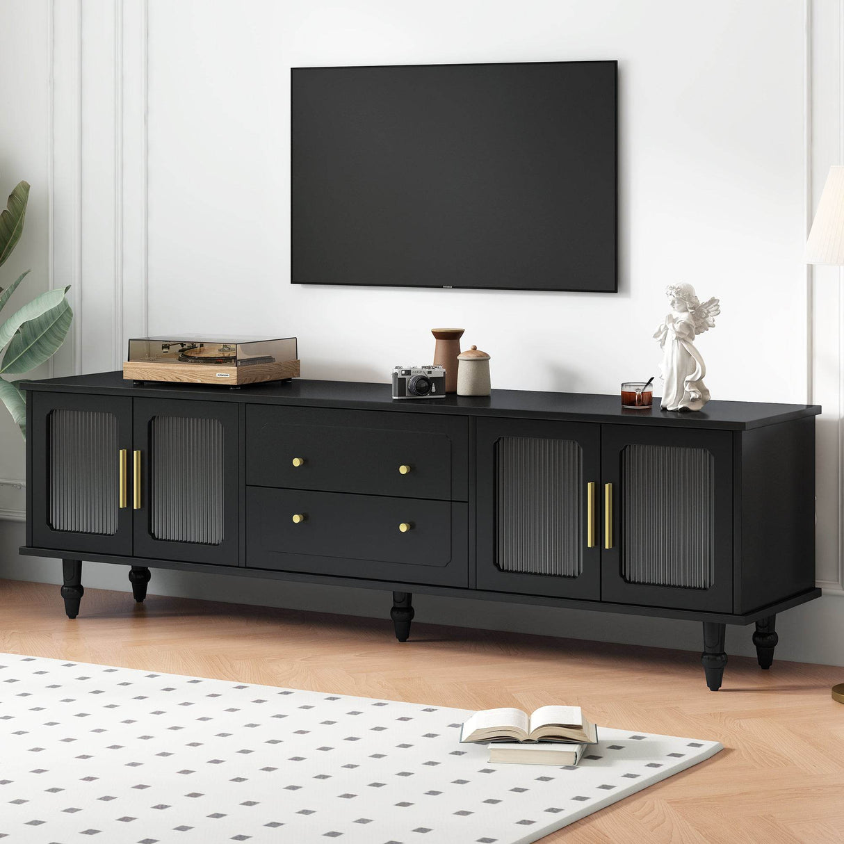 Retro Vintage Black TV Stand With Fluted Glass Doors - Sleep Galleria