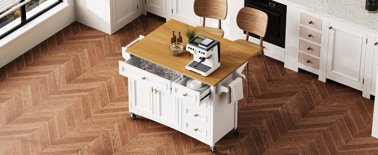Classic Vintage Embossed White Kitchen Island On Wheels - Omega Lifestyles