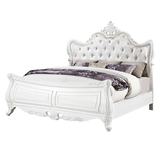 Traditional Velvet Upholstered White Wood King Bed Frame - Omega Lifestyles