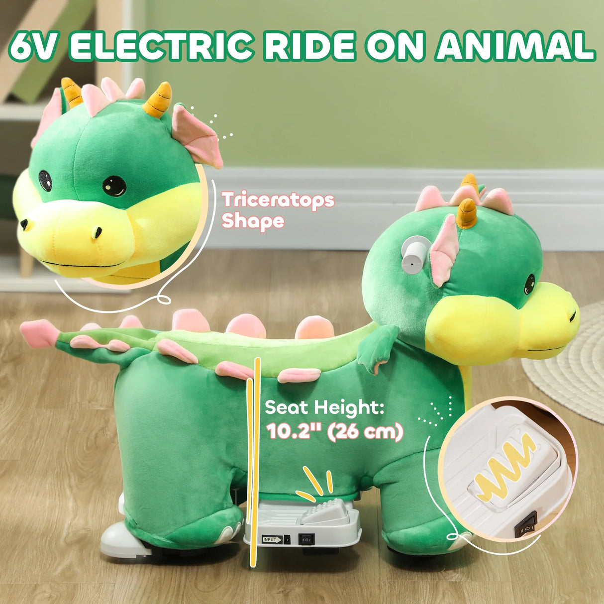 6V Triceratops Electric Ride-On Horse With Music - Omega Lifestyles