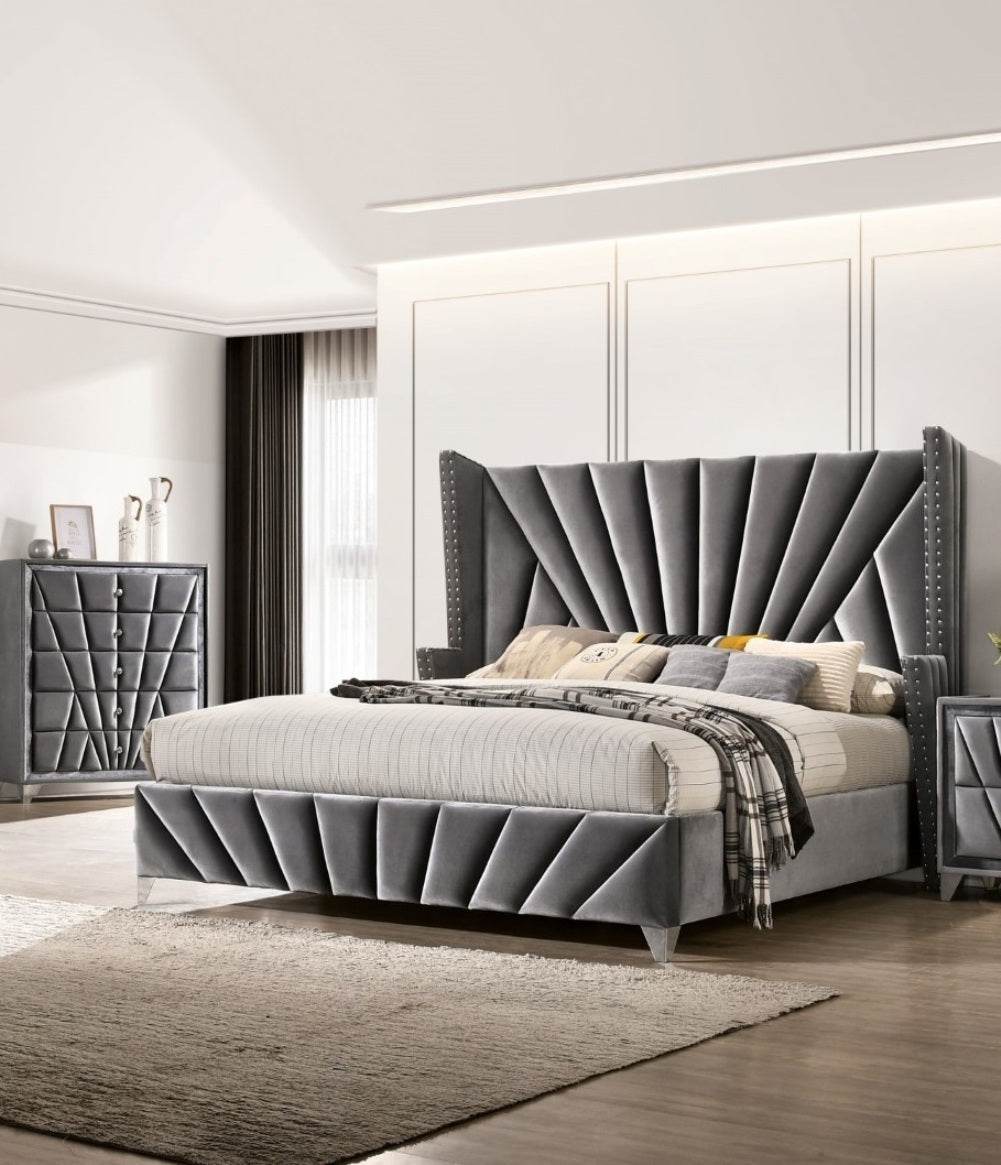 Art Deco Gray Fabric Upholstered Wingback Bed Frame