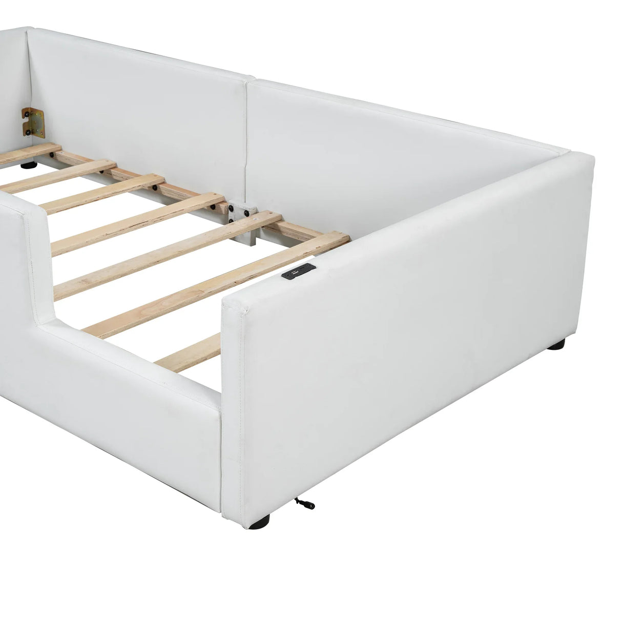 Twin Upholstered Platform Bed With Guardrail Charging Station - Omega Lifestyles
