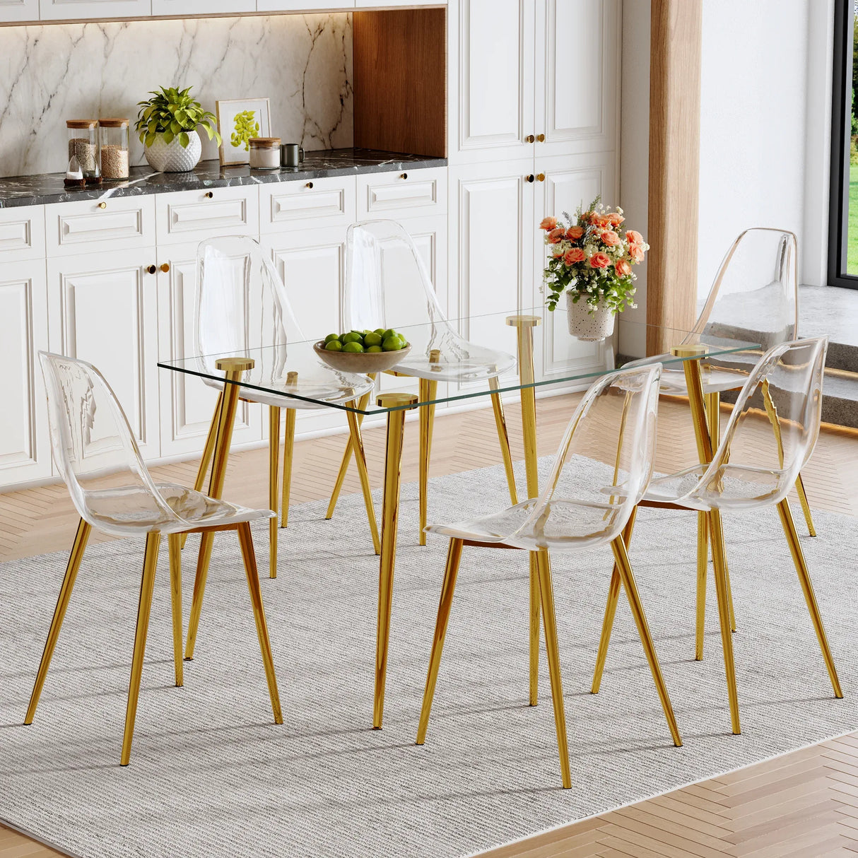 Modern Tempered Glass Dining Table And 6 Gold Chairs Set - Omega Lifestyles