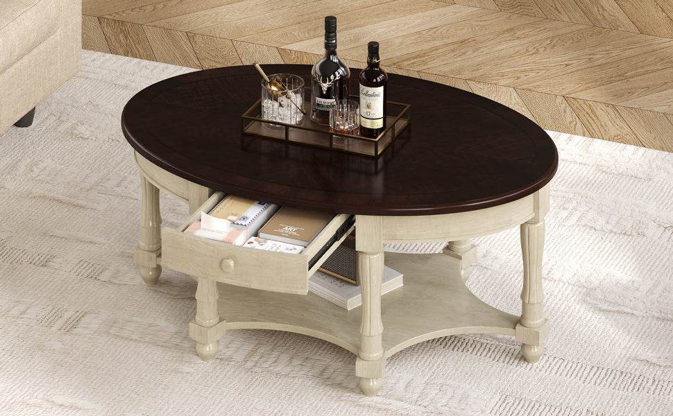 Vintage Oval Coffee Table With Drawer And Storage Shelf - Sleep Galleria