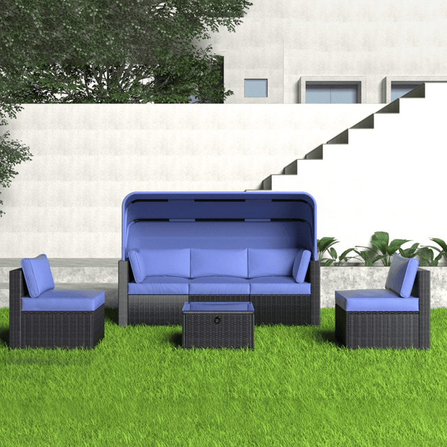 Outdoor Rattan Patio Sofa Set With Canopy And Ottoman - Omega Lifestyles