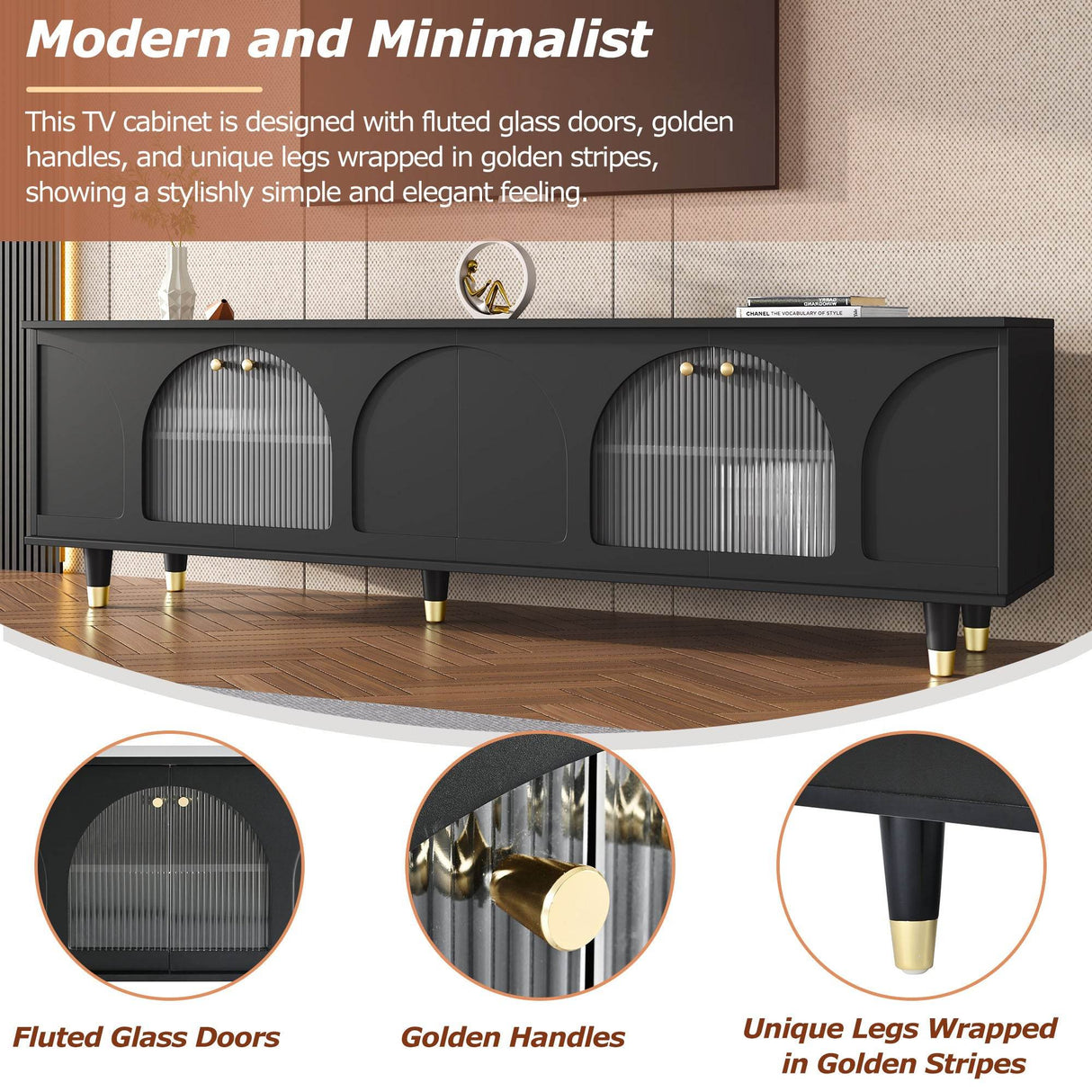 Contemporary Black TV Stand With Fluted Glass Doors - Sleep Galleria