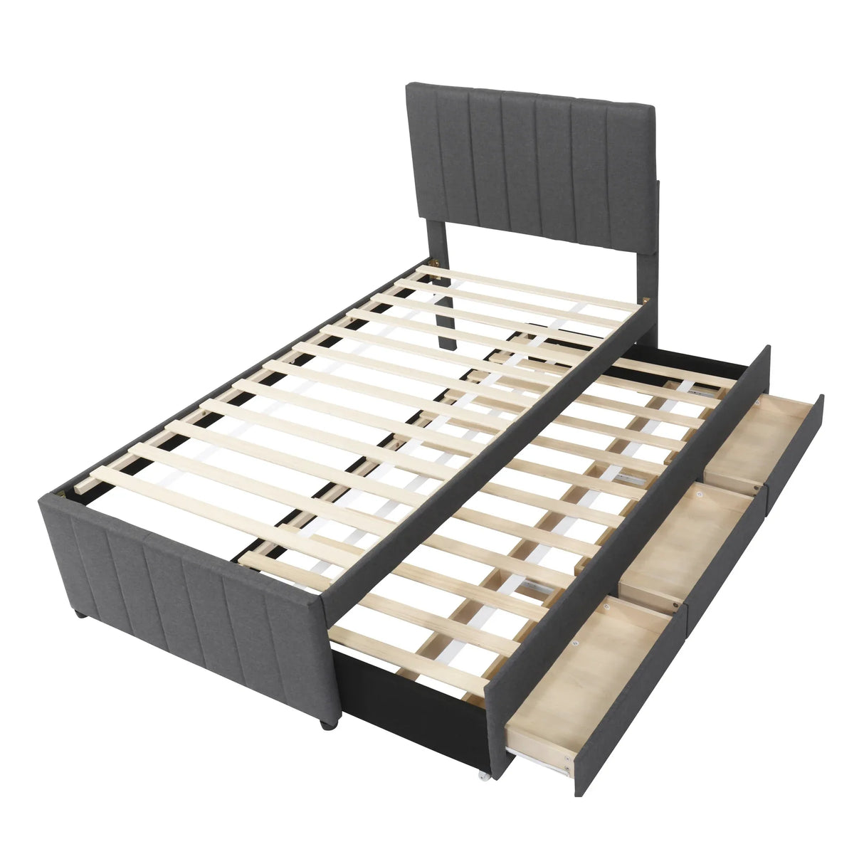 Twin Upholstered Linen Platform Bed With Trundle And Drawers - Omega Lifestyles