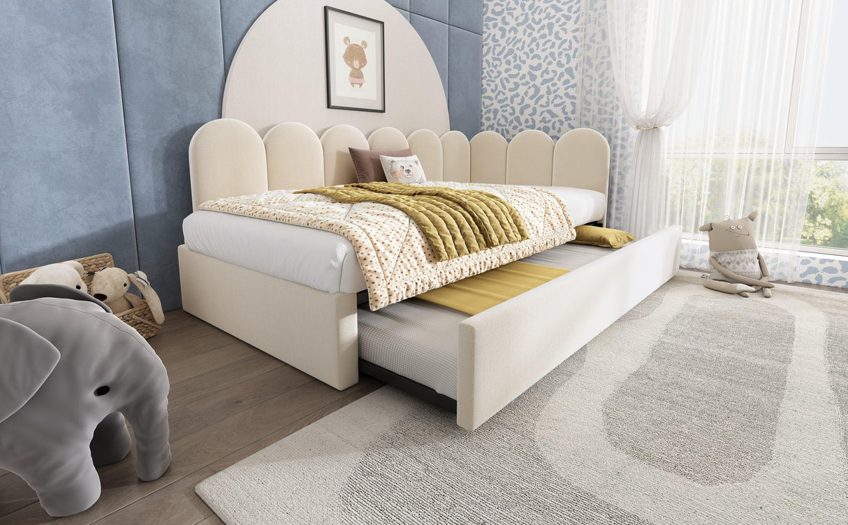 Beige Velvet L-Shaped Twin Daybed With Pull-Out Trundle - Omega Lifestyles