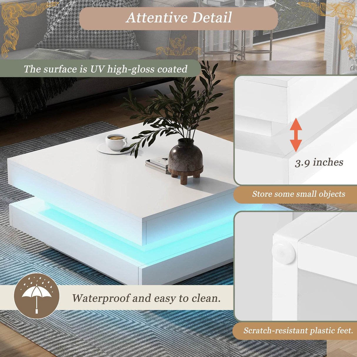 High Gloss White Particle Board Coffee Table With LED Lights - Sleep Galleria