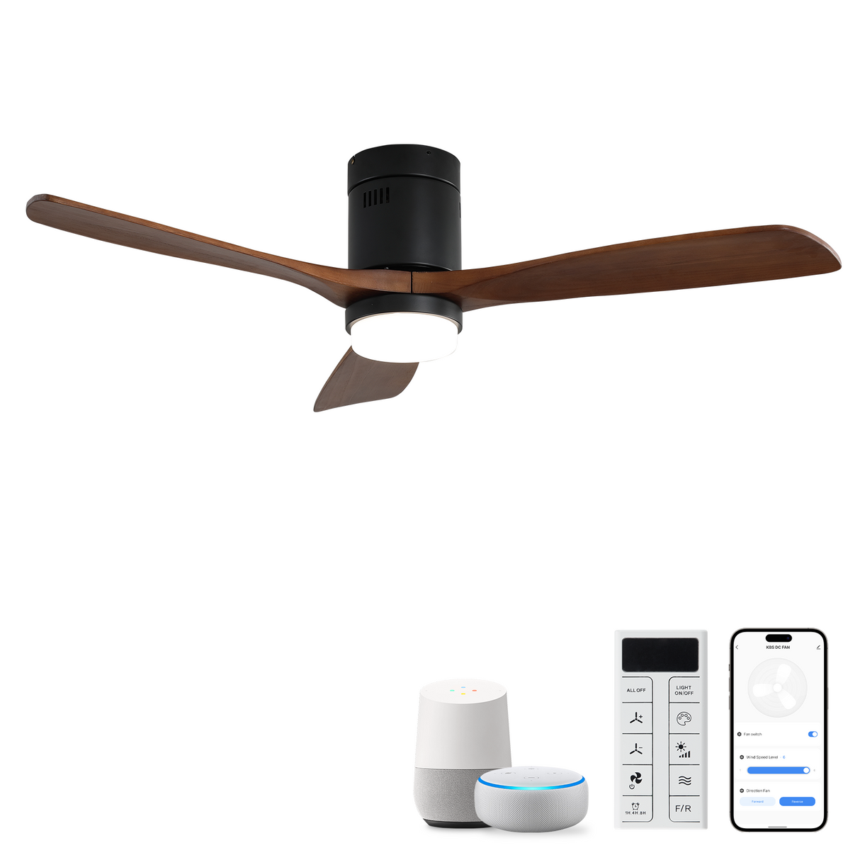 52-Inch Modern Walnut Wood Ceiling Fan With Light