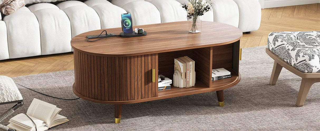 Mid-Century Modern Walnut Coffee Table With Charging Station - Sleep Galleria