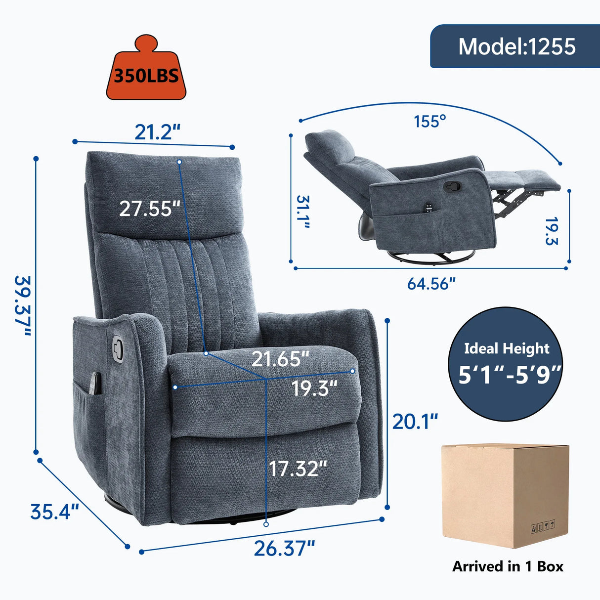 Blue Medium-Firm Massage Recliner Chair With Heat - Omega Lifestyles