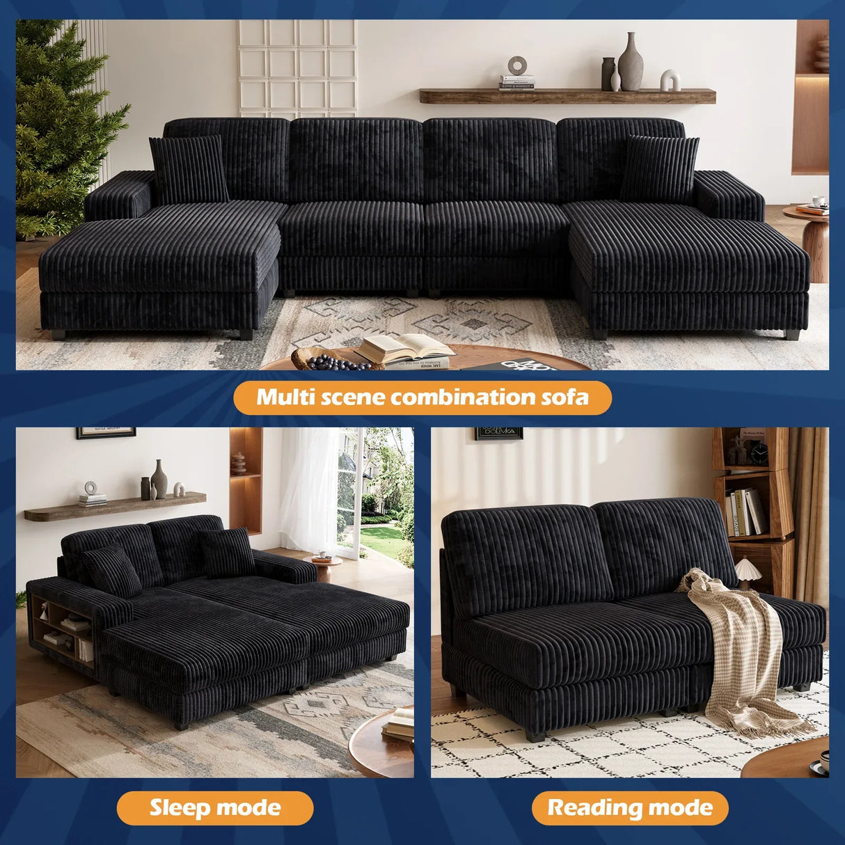 Convertible U-Shaped Corduroy Fabric 4-Seat Sofa - Omega Lifestyles