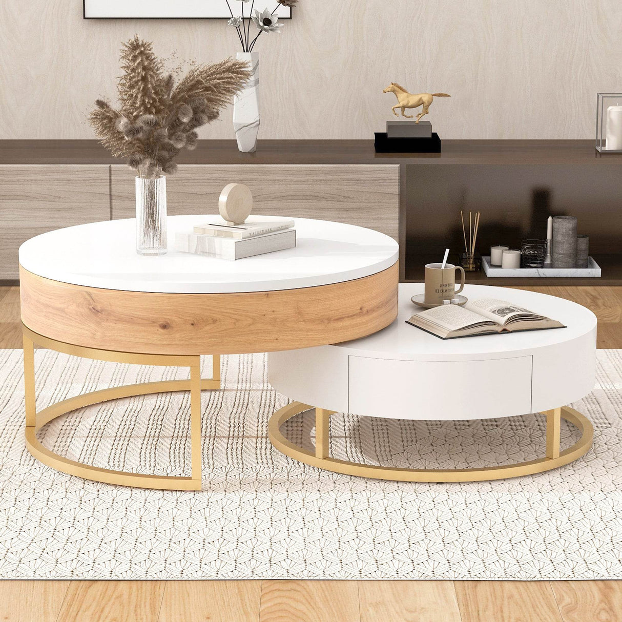 Modern Round Lift-Top Nesting Coffee Tables With Drawers - Sleep Galleria