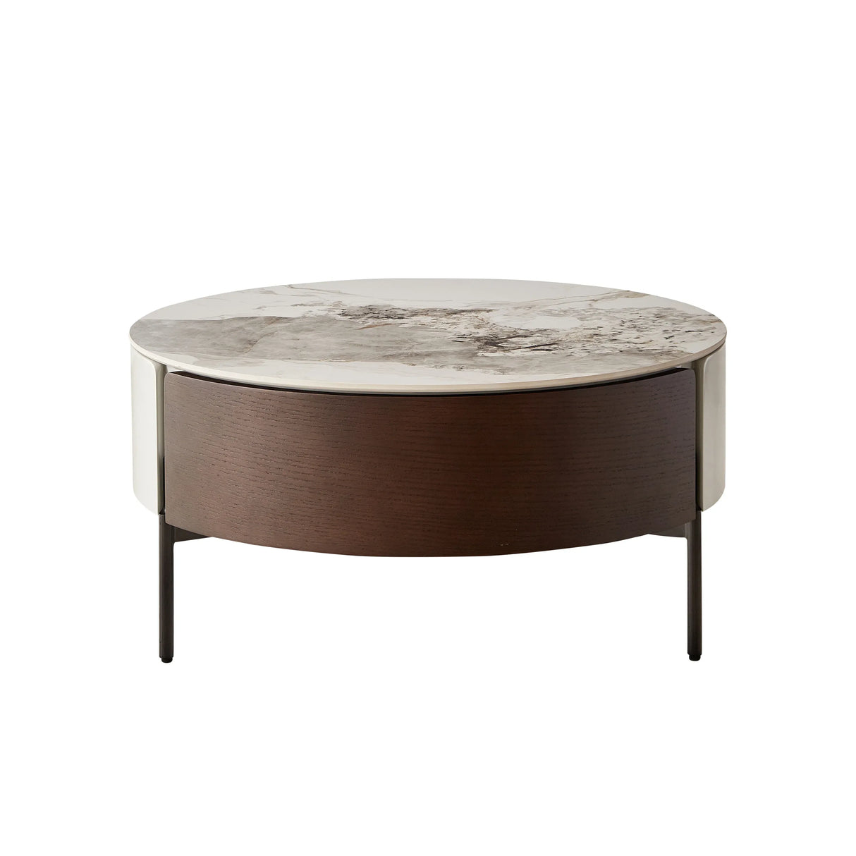 Round Ceramic Top Coffee Table With Drawers And Metal Legs - Omega Lifestyles