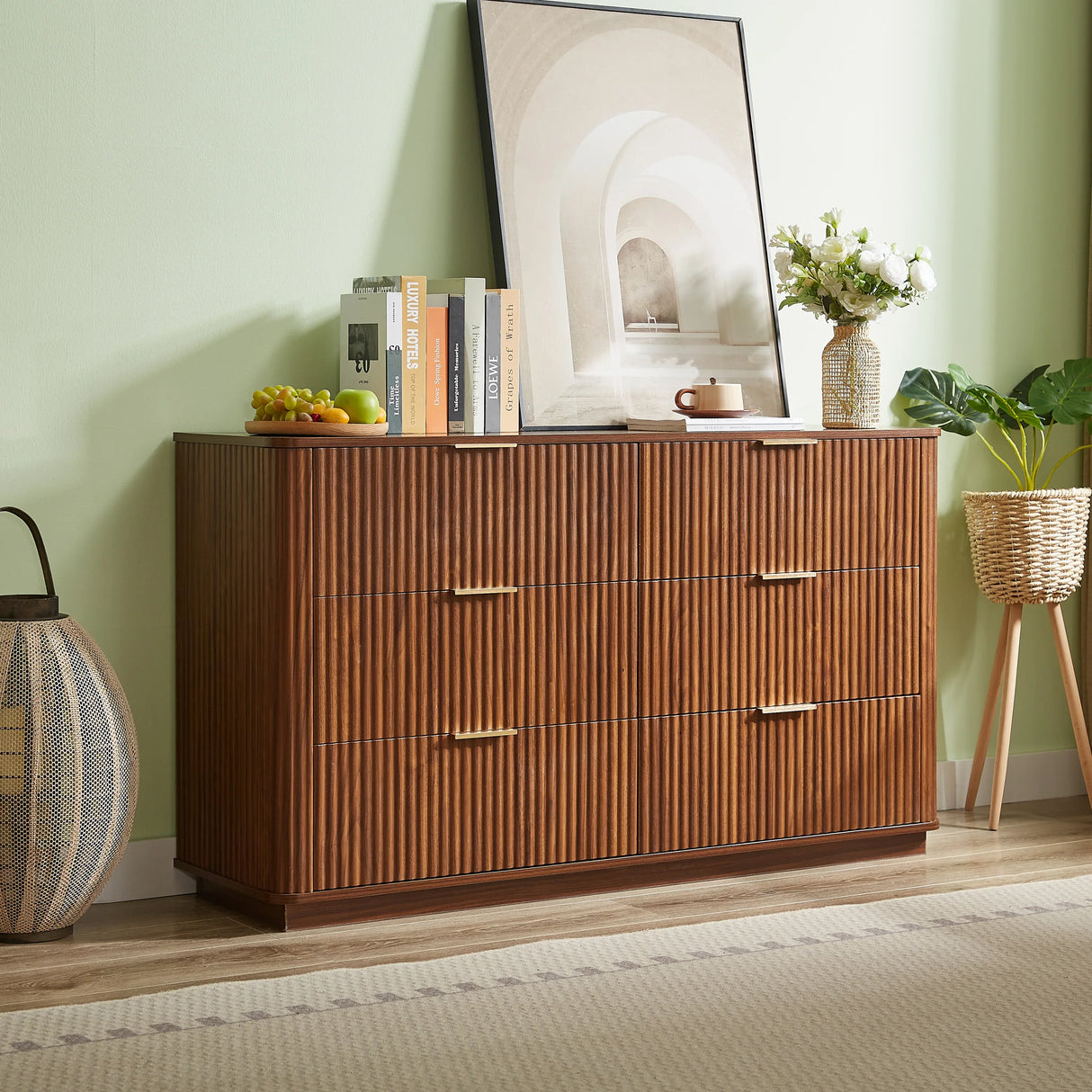 Modern Walnut 6-Drawer Dresser With Wave Design - Omega Lifestyles