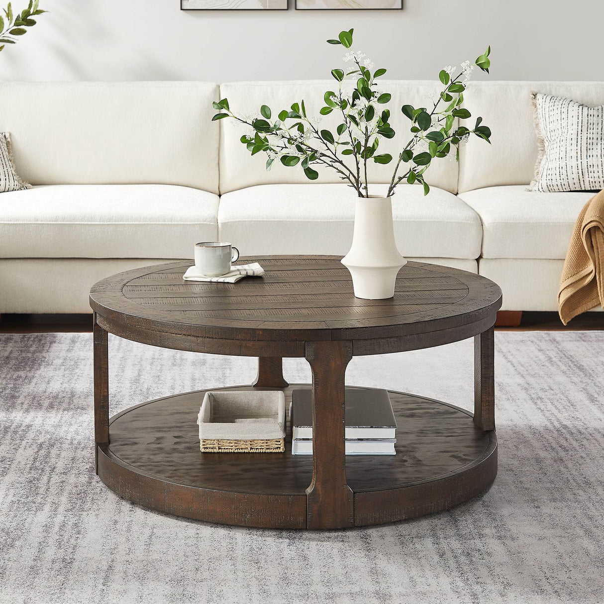40-Inch Rustic Round Solid Wood Coffee Table With Wheels - Sleep Galleria