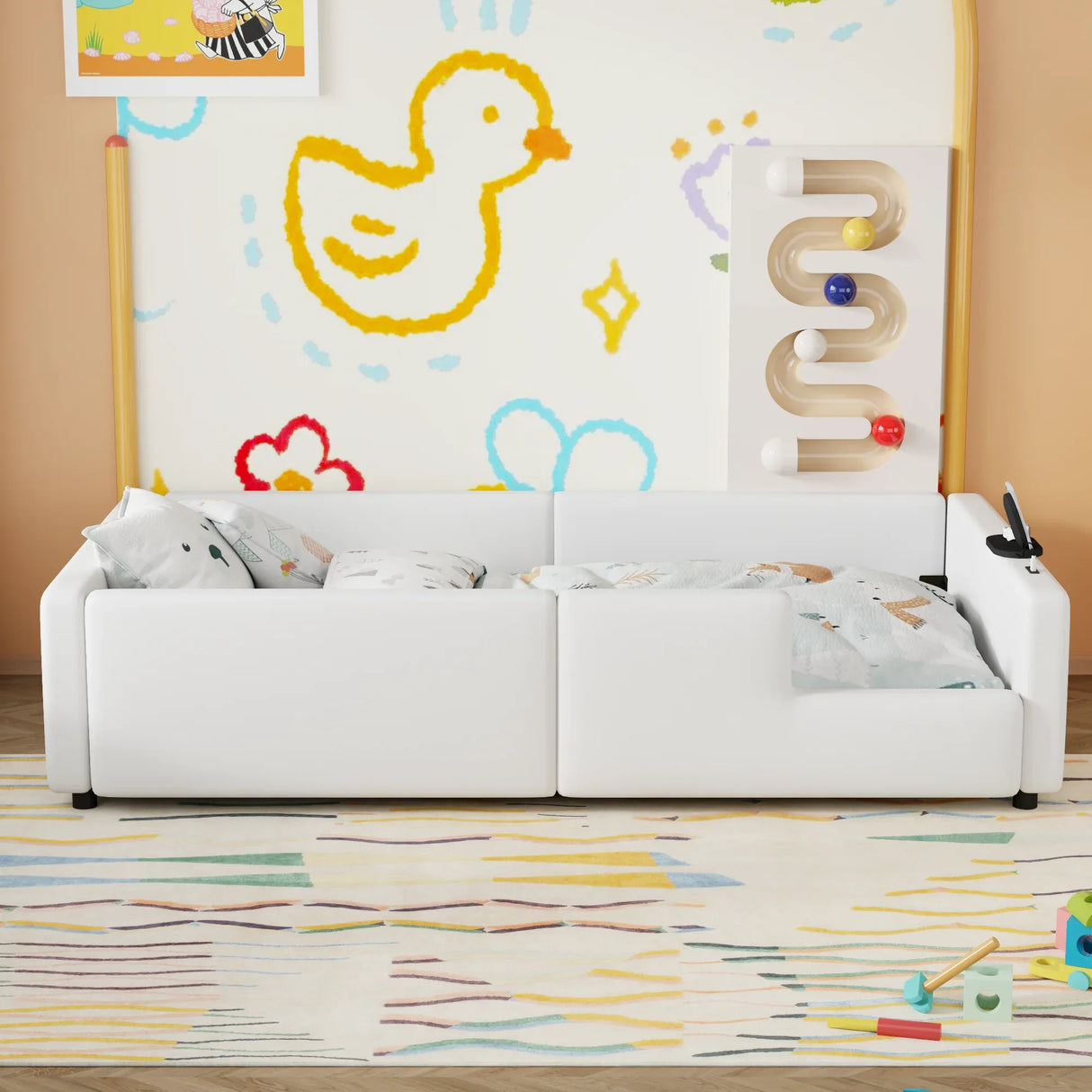 Twin Upholstered Platform Bed With Guardrail Charging Station - Omega Lifestyles