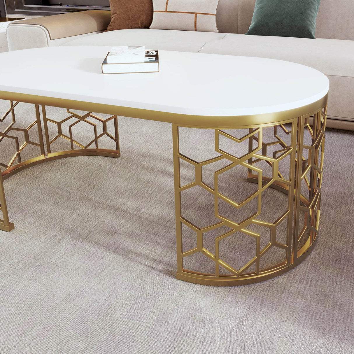 Modern Oval White MDF Gold Metal Coffee Table - Sleep Galleria