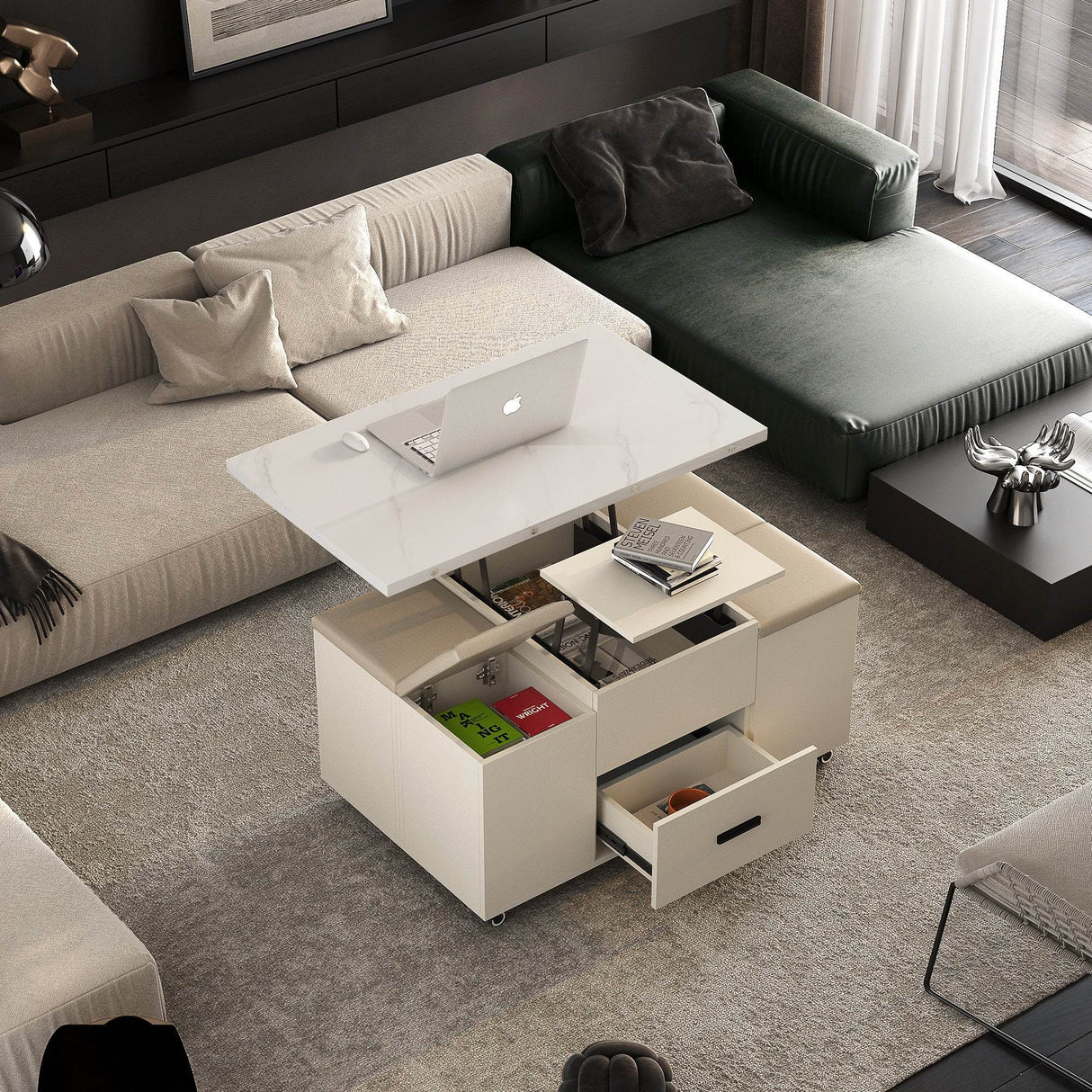Modern Lift-Up Coffee Table With Storage And Four Stools - Sleep Galleria
