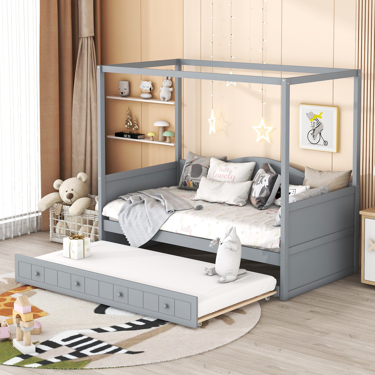 Twin Canopy Bed With Trundle Solid Wood Frame
