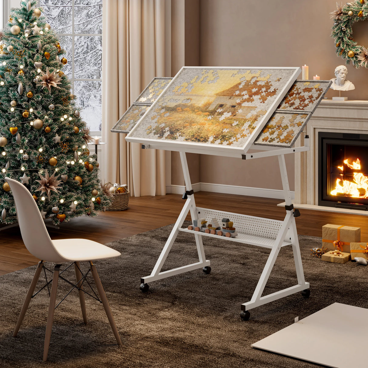 Adjustable Height Metal Puzzle Table With Storage Trays - Omega Lifestyles