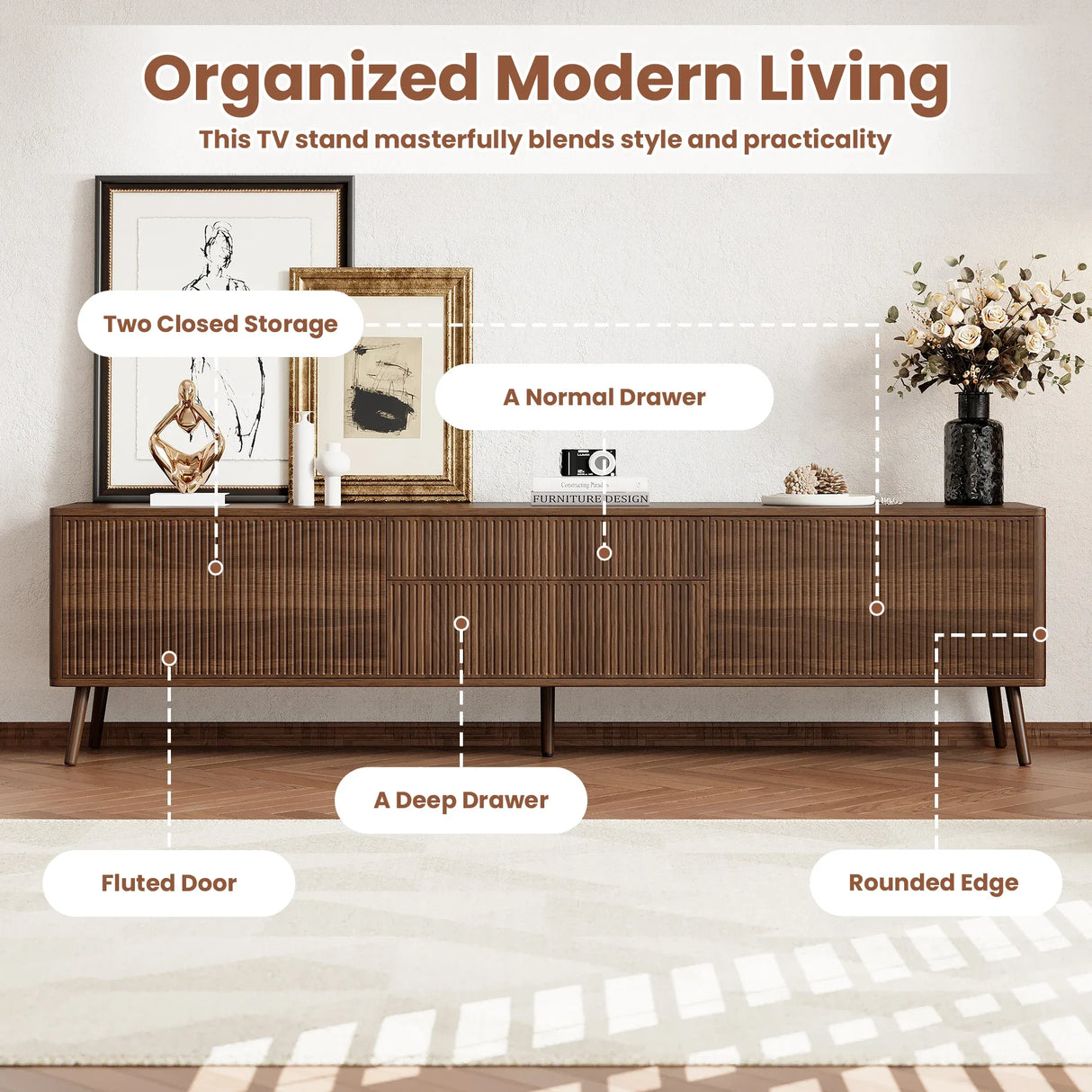 70-Inch Walnut Fluted Modern TV Stand With Storage - Omega Lifestyles