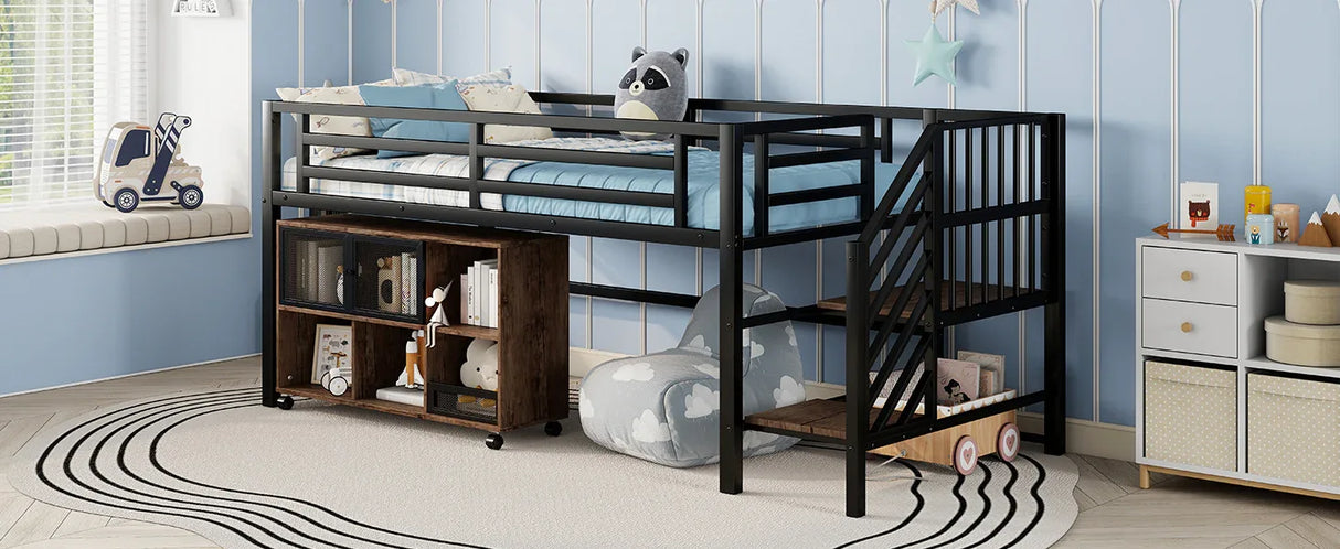 Twin Metal Low Loft Bed With Storage Cubby And Stairs - Omega Lifestyles