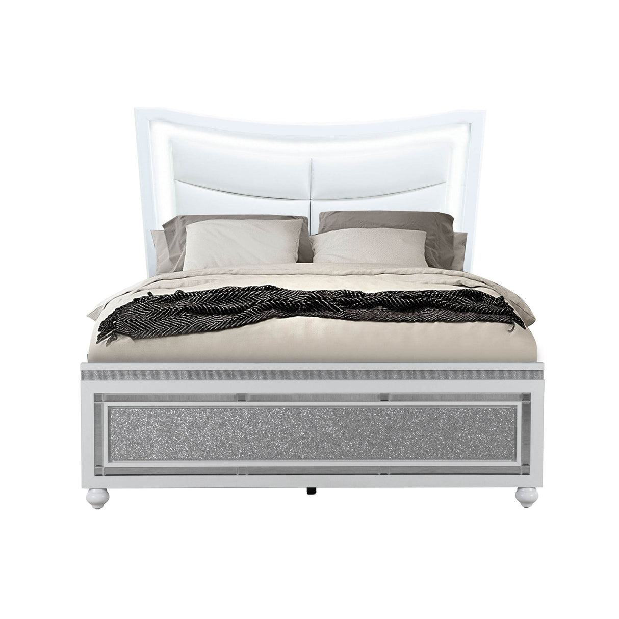 Contemporary Glam Panel Queen Bed Frame White Finish