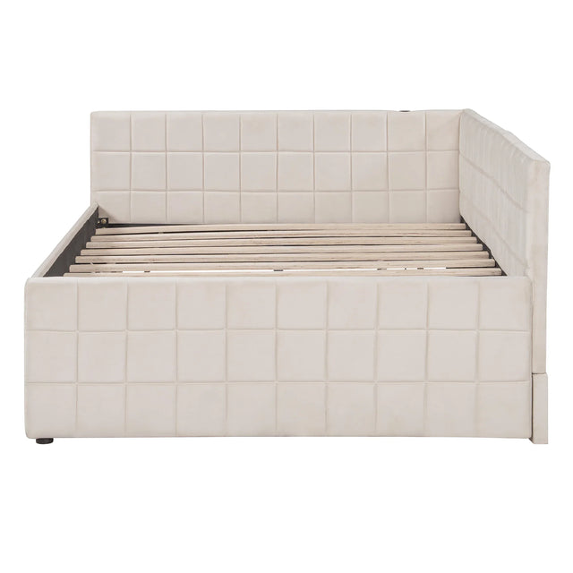 Full Upholstered L-Shaped Daybed With Twin Trundle and USB Ports - Omega Lifestyles