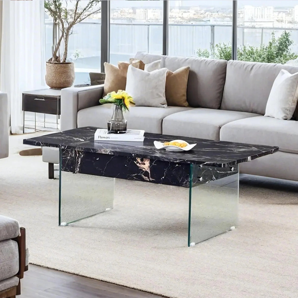Lift-Top Coffee Table With Storage Black Marble Glass - Omega Lifestyles