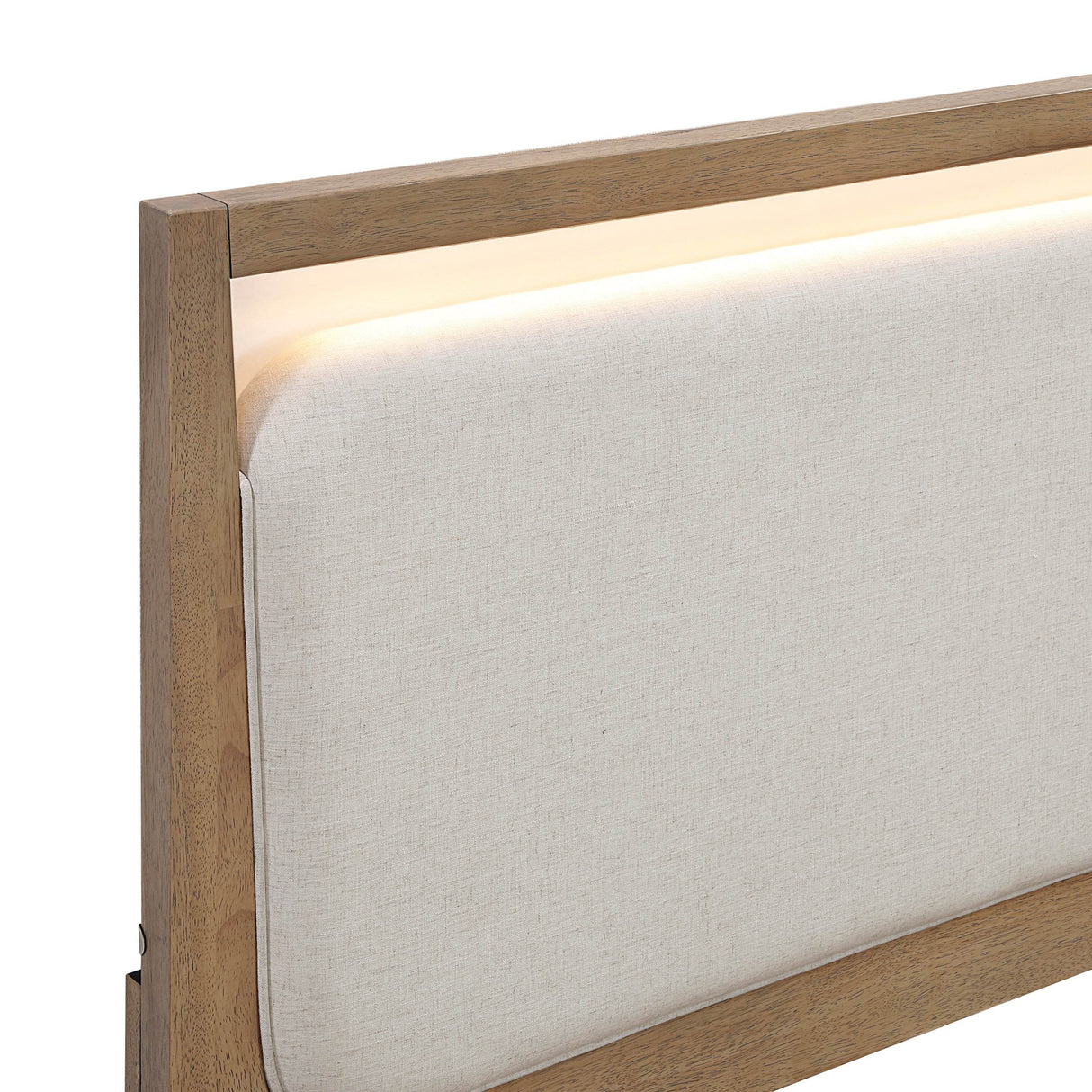 Contemporary Light Brown Wood Upholstered LED Bed Frame - Omega Lifestyles