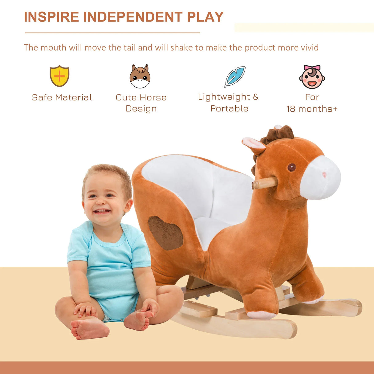 Plush Brown Soft Kids Ride-On Wooden Rocking Horse - Omega Lifestyles