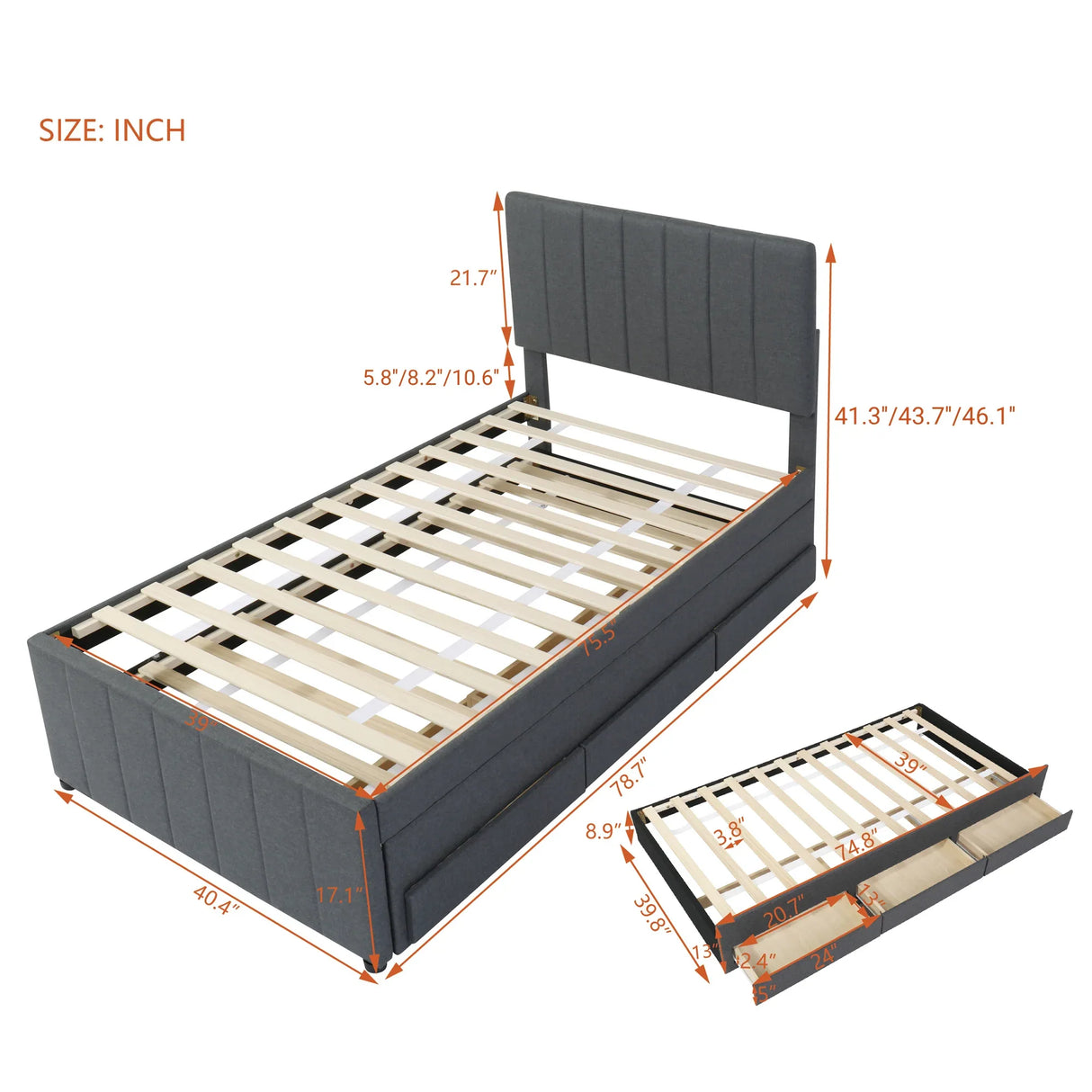 Twin Upholstered Linen Platform Bed With Trundle And Drawers - Omega Lifestyles