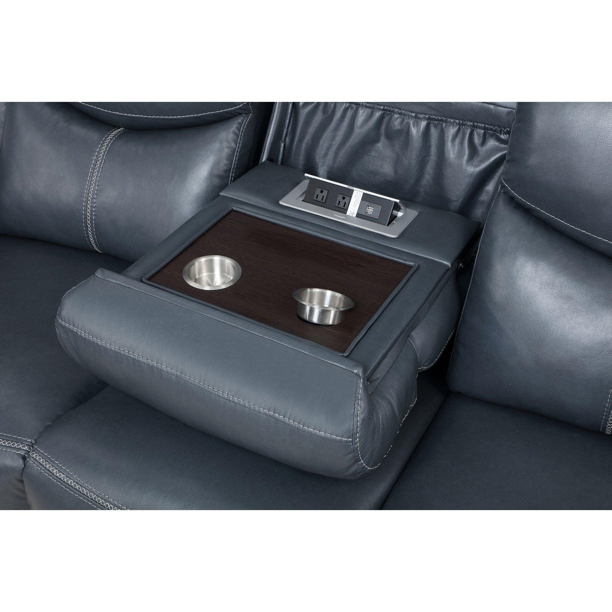 Blue Faux Leather Motion Reclining Sofa With Drop-Down Table - Omega Lifestyles