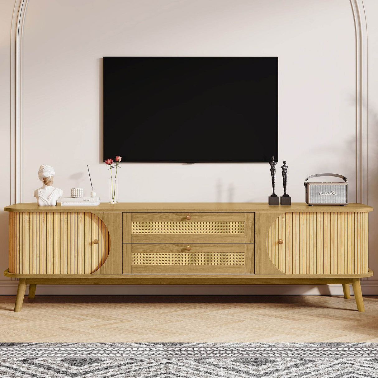 Rattan Solid Wood TV Stand With Storage Drawers - Sleep Galleria