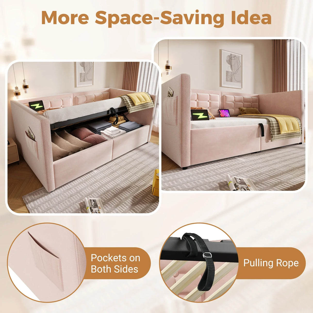 Twin Pink Velvet Upholstered Hydraulic Storage Bed Frame - Omega Lifestyles