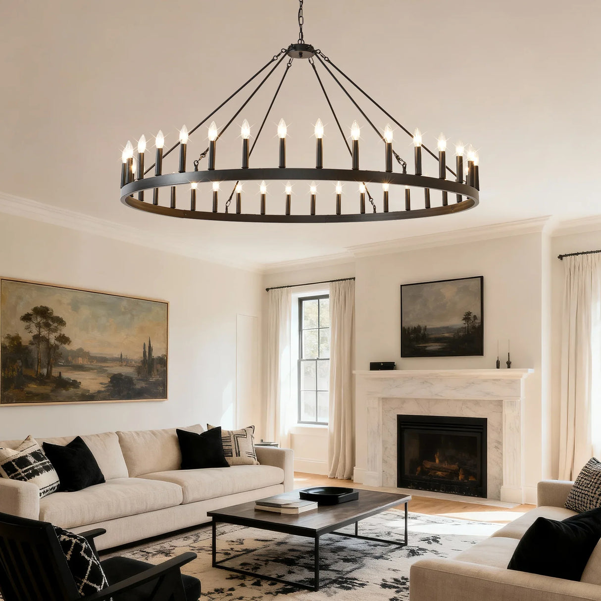 Matte Black Farmhouse 36-Light Wagon Wheel Chandelier - Omega Lifestyles
