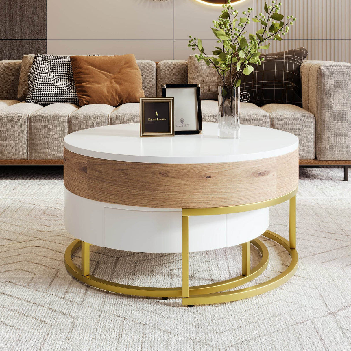 Modern Round Lift-Top Nesting Coffee Tables With Drawers - Sleep Galleria