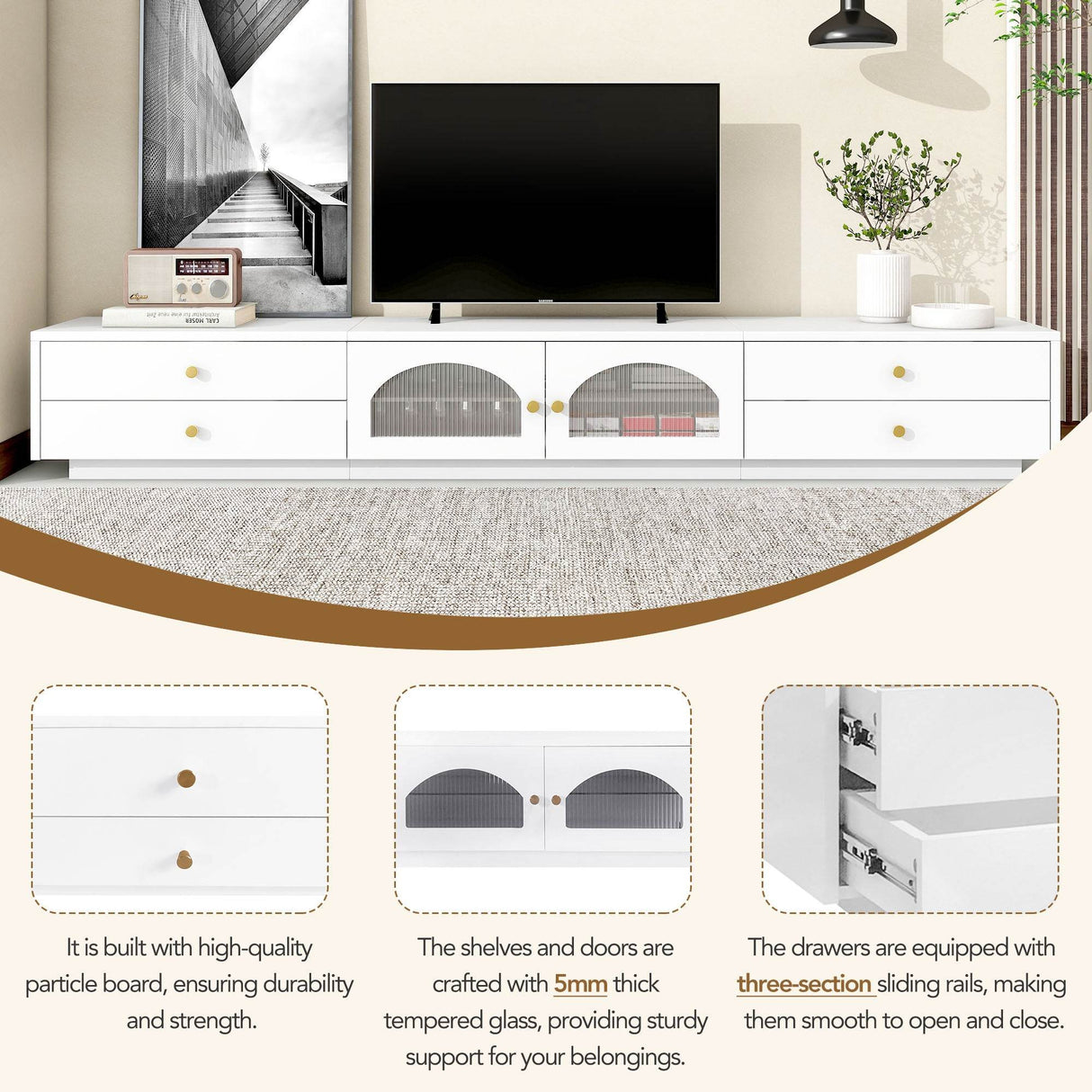 Modern White Particle Board TV Stand With Drawers - Sleep Galleria
