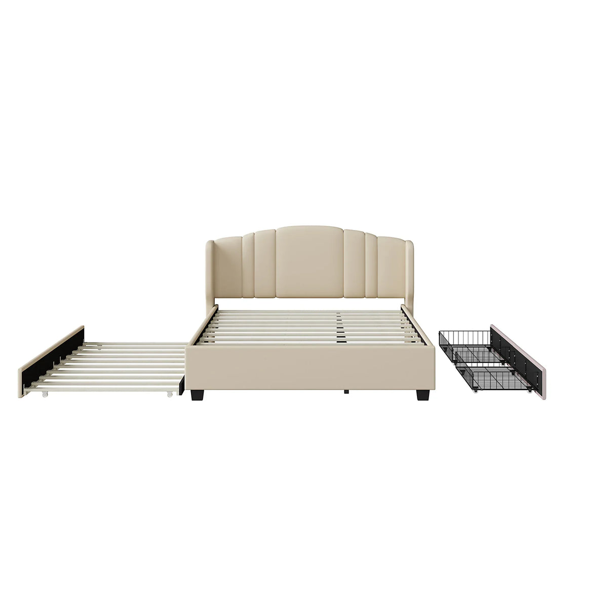 Queen Upholstered Platform Bed With Wingback Headboard Trundle - Omega Lifestyles