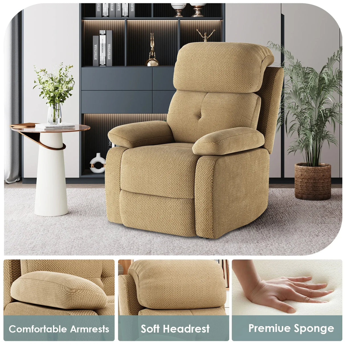 Small Recliner Chair Camel Acacia Wood Metal - Omega Lifestyles